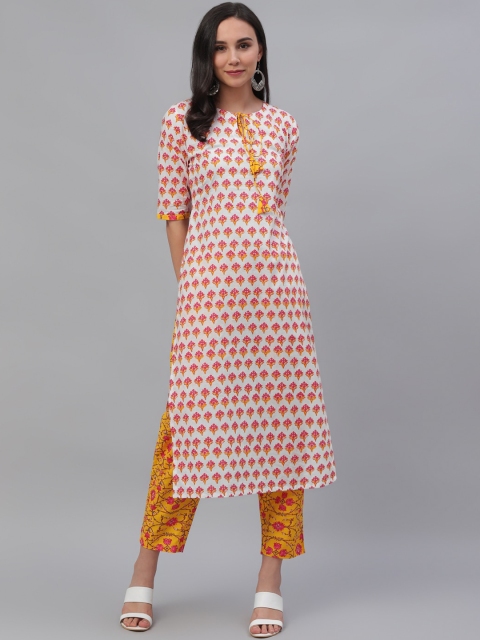 

GERUA Women White & Yellow Printed Kurta with Trousers