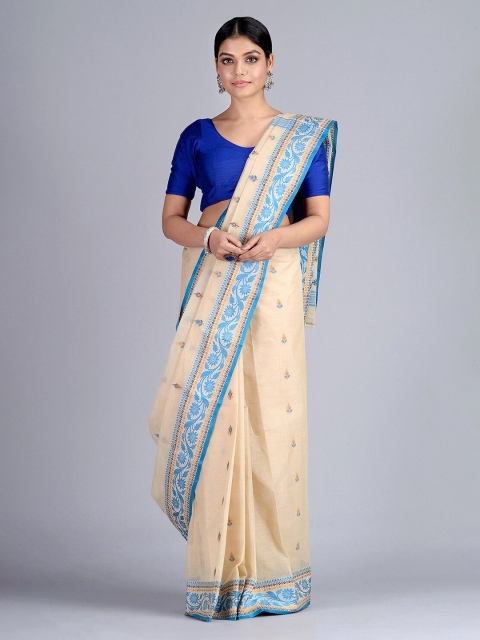 Mitera Beige & Blue Pure Cotton Woven Design Taant Saree