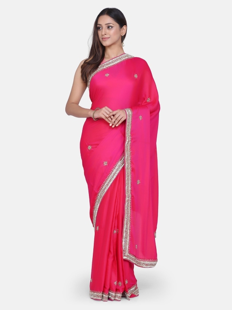 

BOMBAY SELECTIONS Fuchsia Satin Embellished Dharmavaram Handloom Saree