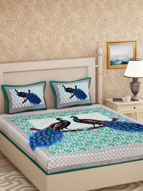 

METRO LIVING Green & Blue Floral 104 TC Cotton 1 Queen Bedsheet with 2 Pillow Covers
