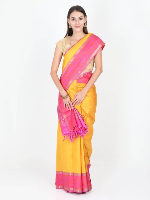 

SABOO COLLECTIONS Mustard Yellow & Pink Pure Silk Woven Design Kanjeevaram Saree
