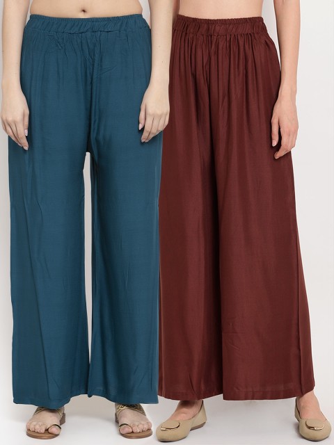 

TAG 7 Women Set Of 2 Blue & Brown Solid Flared Palazzos
