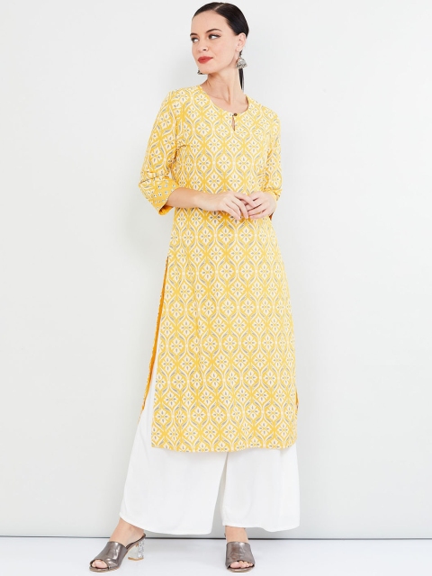 

max Women Yellow & White Printed Straight Kurta