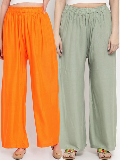 

TAG 7 Women Pack Of 2 Green & Orange Solid Flared Palazzos