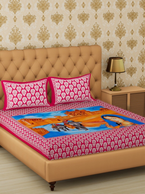 

METRO LIVING Pink & Blue Graphic 104 TC Cotton 1 Queen Bedsheet with 2 Pillow Covers