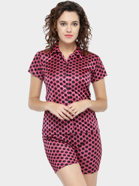 

N-Gal Women Pink & Black Polka Dot Printed Night suit