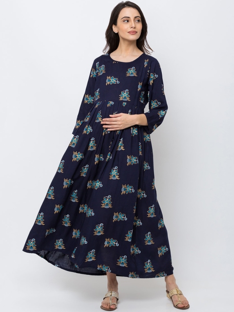 

MomToBe Women Navy Blue Printed Maternity & Feeding Maxi Dress