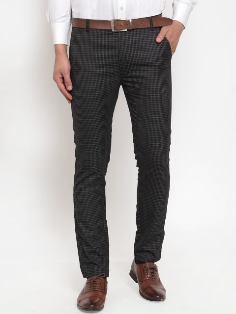 

JAINISH Men Black Smart Slim Fit Checked Formal Trousers