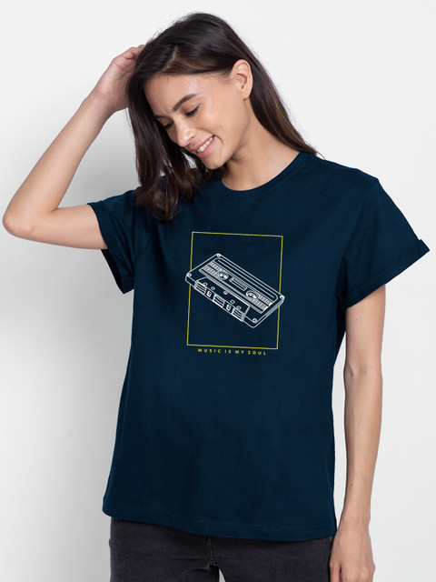 

Bewakoof Women Navy Blue Printed Round Neck Boyfriend T-Shirt