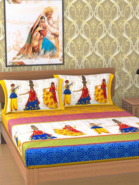 

METRO LIVING Yellow & White Graphic 104 TC Cotton 1 Queen Bedsheet with 2 Pillow Covers