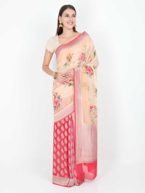 

SABOO COLLECTIONS Peach-Coloured Pure Georgette Printed Banarasi Saree