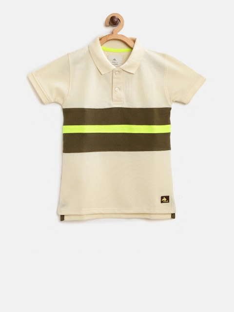 

Cherry Crumble Boys Cream-Coloured & Olive Green Striped Polo Collar T-shirt