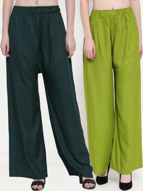 

TAG 7 Women Pack Of 2 Green Solid Flared Palazzos