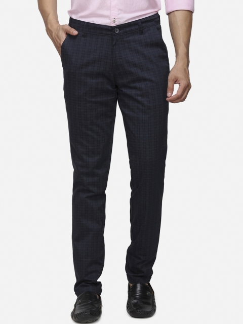 

Greenfibre Men Navy Blue Slim Fit Checked Formal Trousers
