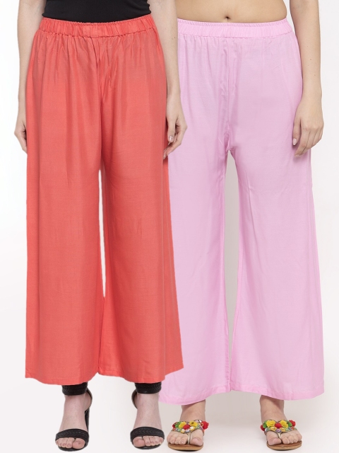 

TAG 7 Women Pack Of 2 Pink & Peach-Coloured Solid Flared Palazzos
