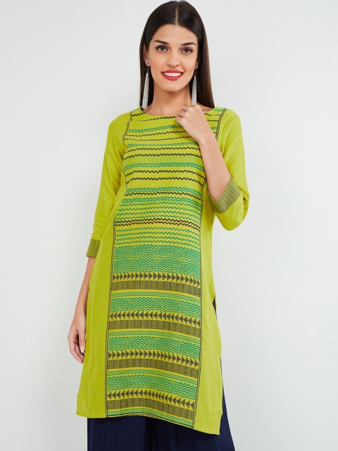 max Women Lime Green Striped Straight Kurta