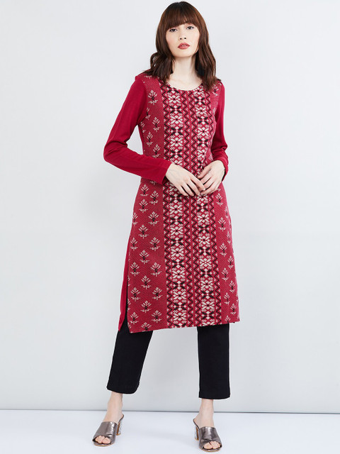 

max Women Pink & Black Printed A-Line Kurta