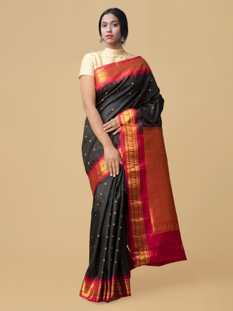 

Unnati Silks Black & Red Pure Silk Woven Design Saree