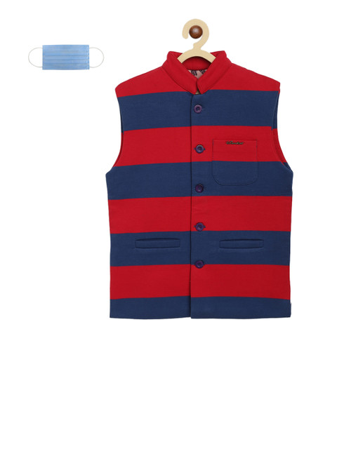 

Lil Tomatoes Boys Red & Blue Colourblocked Woven Nehru Jacket