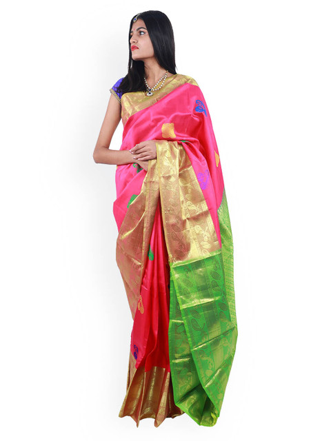 

APCO Pink & Green Pure Silk Embroidered Dharmavaram Saree