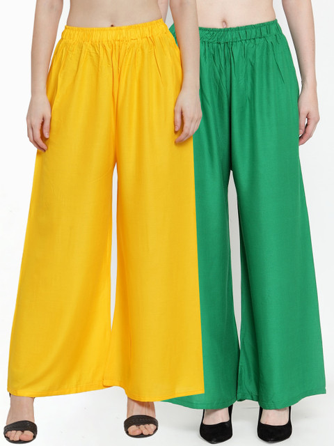 

TAG 7 Women Pack Of 2 Solid Flared Palazzos, Yellow