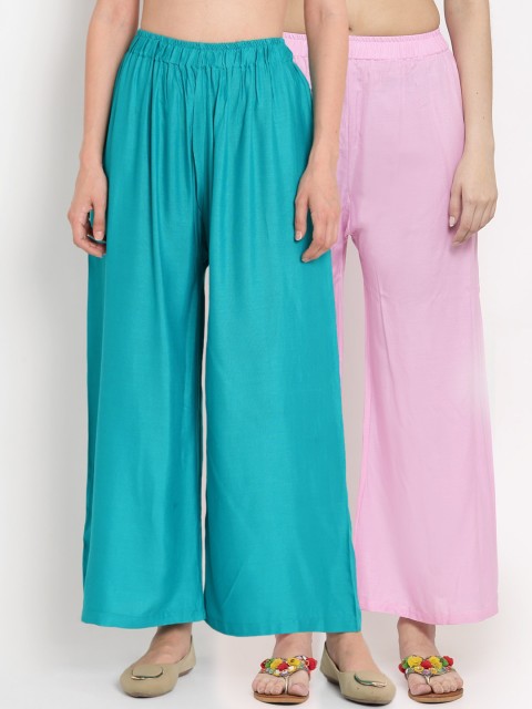 

TAG 7 Women Set Of 2 Pink & Teal Solid Wide Leg Palazzos