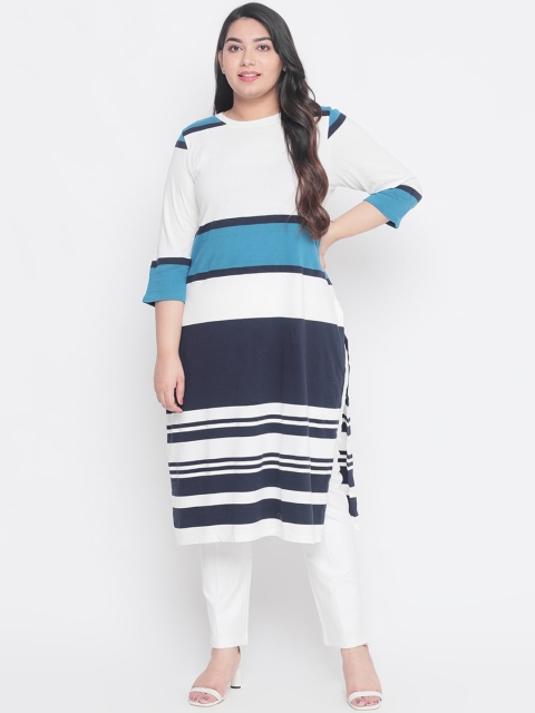 

Amydus Women White & Navy Blue Striped Straight Kurta