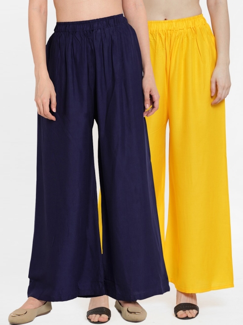 

TAG 7 Women Pack Of 2 Solid Flared Palazzos, Yellow