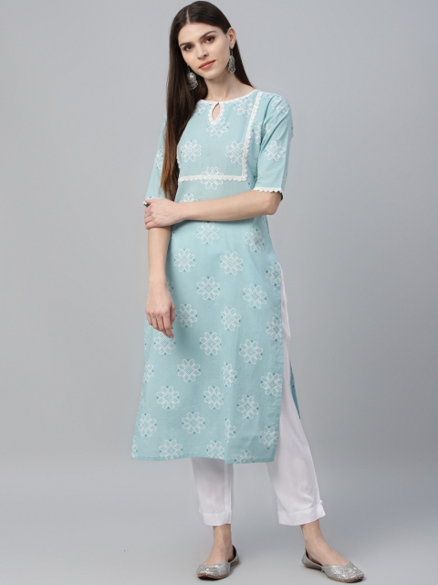 

GERUA Women Blue & White Printed Kurta with Trousers
