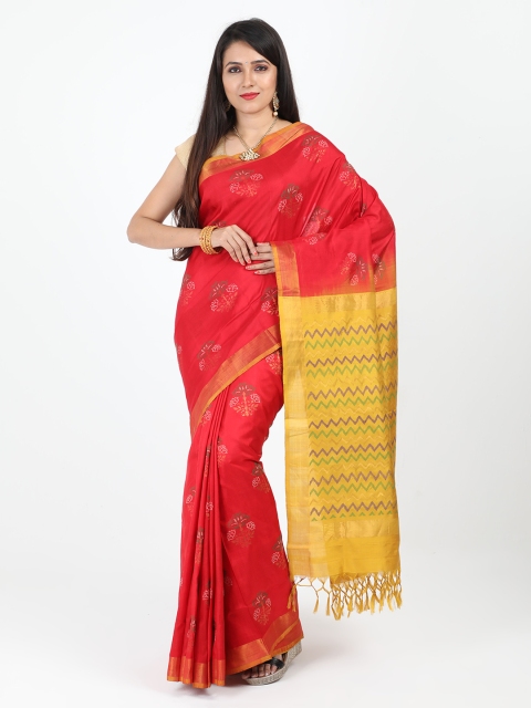 

SABOO COLLECTIONS Maroon & Gold-Coloured Pure Silk Woven Design Uppada Saree