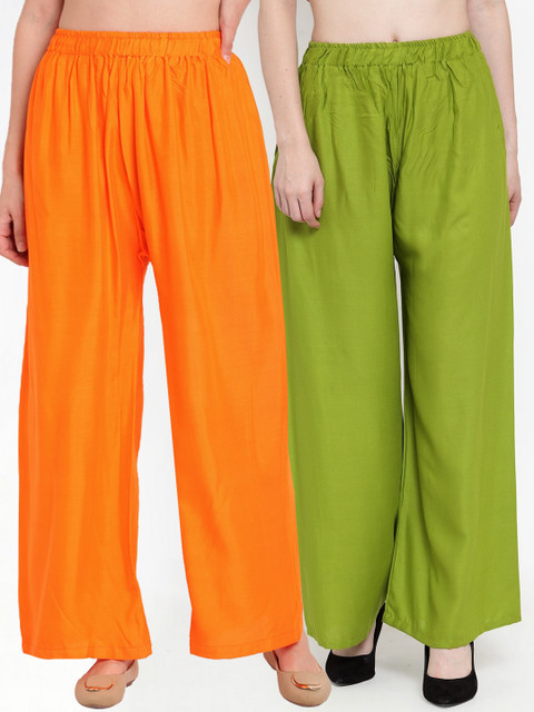 

TAG 7 Women Pack Of 2 Green & Orange Solid Flared Palazzos