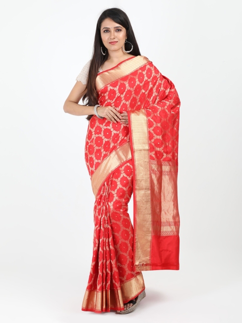 

SABOO COLLECTIONS Red & Gold-Toned Pure Silk Woven Design Banarasi Saree