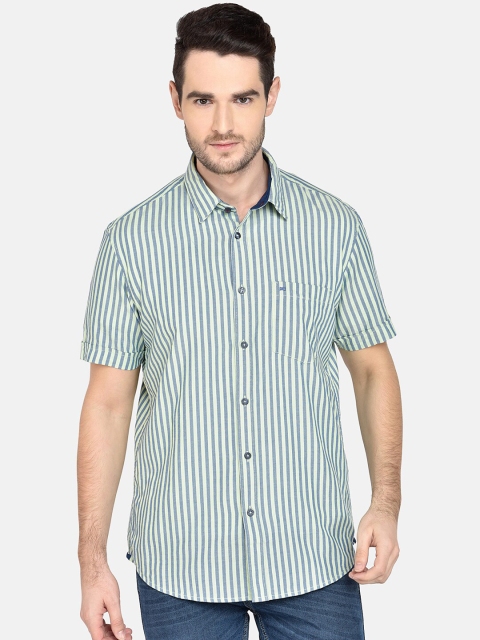 

Basics Men Green & Beige Slim Fit Striped Casual Shirt