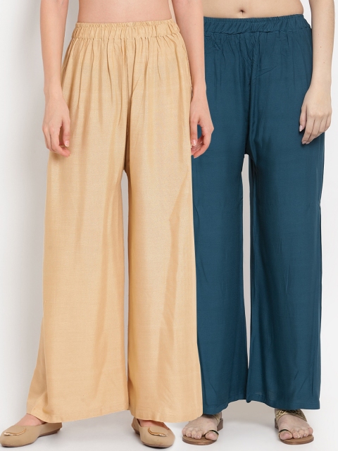 

TAG 7 Women Pack Of 2 Solid Flared Palazzos, Teal