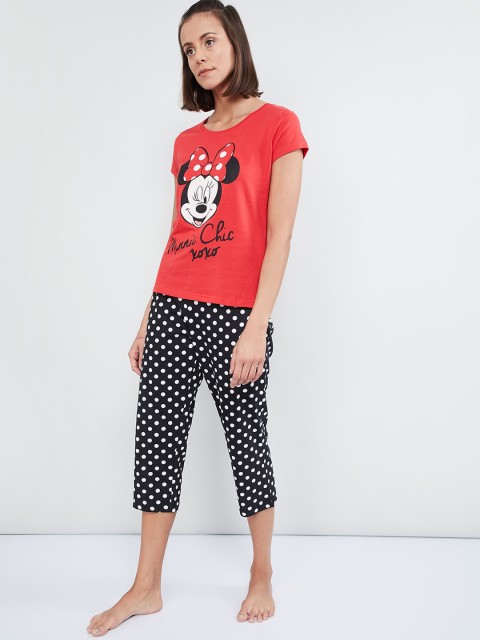 

max Women Red & Black Mickey Mouse Printed Night suit