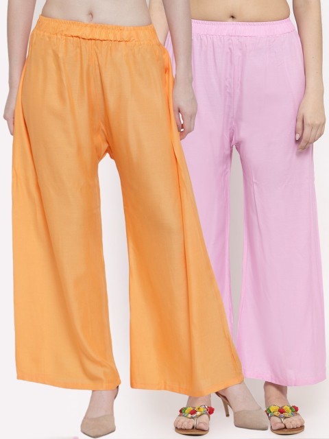 

TAG 7 Women Pack Of 2 Pink & Peach-Coloured Solid Flared Palazzos