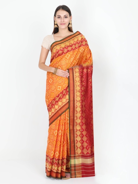 

SABOO COLLECTIONS Orange & Red Pure Silk Woven Design Patola Saree, Mustard