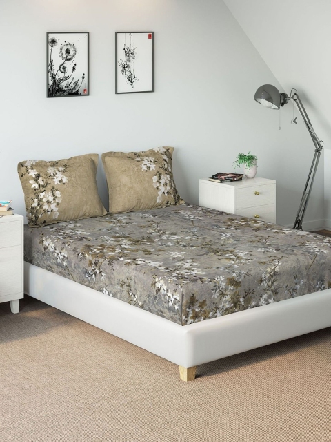 

DDecor Grey & Olive Green Floral 300 TC Cotton 1 King Bedsheet with 2 Pillow Covers