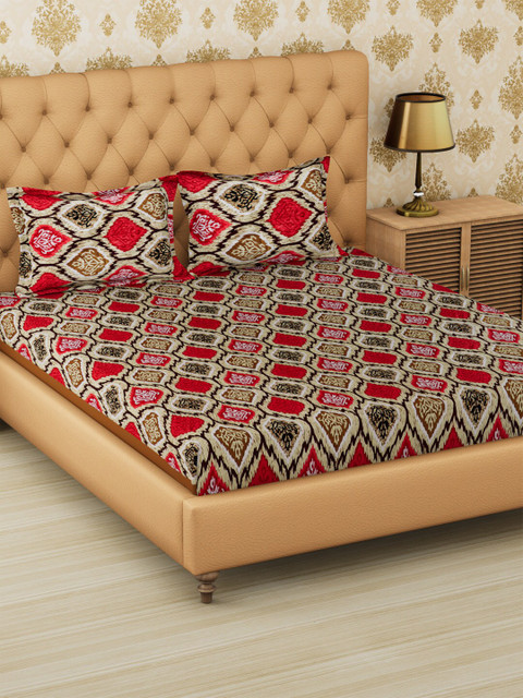 

METRO LIVING Beige & Red Ethnic Motifs 120 TC Cotton 1 Queen Bedsheet with 2 Pillow Covers