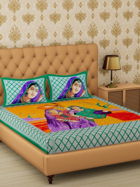 

METRO LIVING Green & Yellow Ethnic Motifs 104 TC Cotton 1 Queen Bedsheet with 2 Pillow Covers