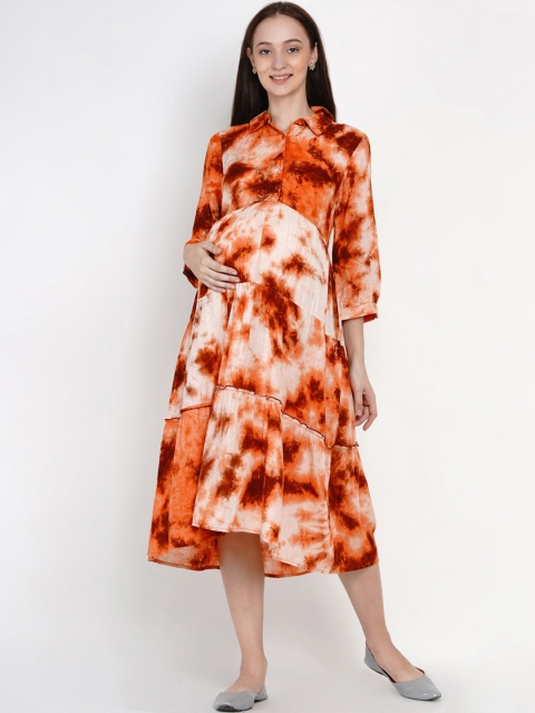 

Mine4Nine Women Orange & White Dyed Maternity Fit and Flare Dress
