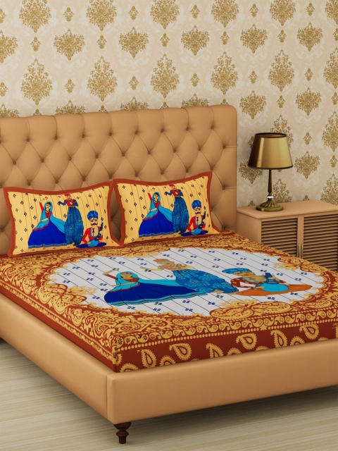 

METRO LIVING Brown & Yellow Ethnic Motifs 104 TC Cotton 1 Queen Bedsheet with 2 Pillow Covers