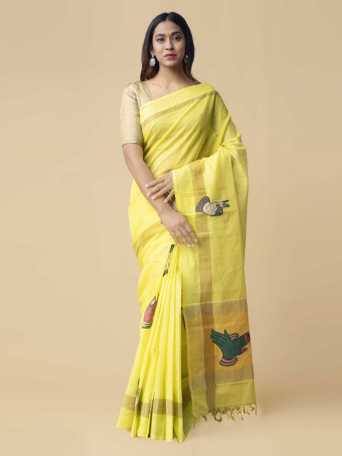 

Unnati Silks Yellow Pure Cotton Woven Design Mangalagiri Saree
