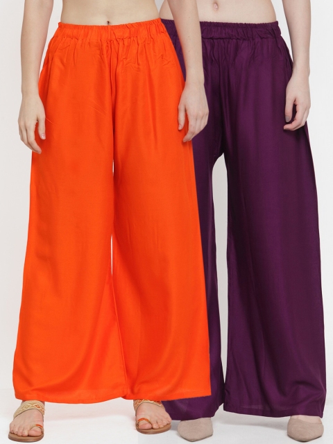 

TAG 7 Women Set Of 2 Orange & Purple Solid Wide Leg Palazzos