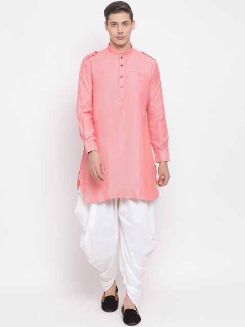 

VASTRAMAY Men Pink & White Solid Kurti with Dhoti Pants