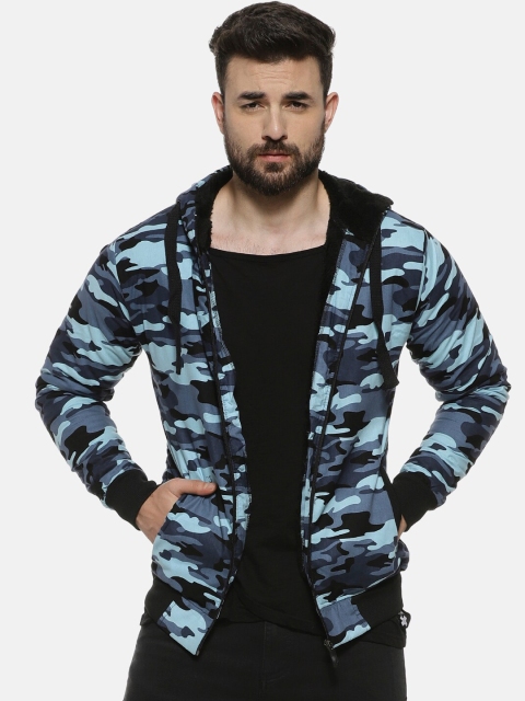 

Campus Sutra Men Blue Camouflage Printed Windcheater and Water Resistant Padded Jacket