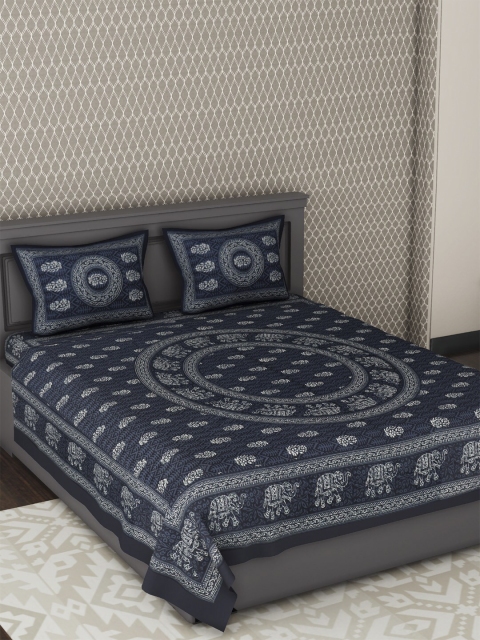 

METRO LIVING Navy Blue Ethnic Motifs 120 TC Cotton 1 King Bedsheet with 2 Pillow Covers
