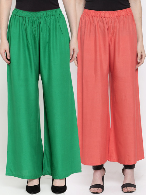 

TAG 7 Women Green & Peach Pack of 2 Solid Flared Palazzos