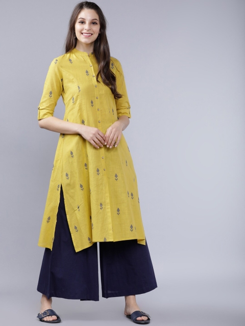 

Vishudh Women Yellow & Navy Blue Woven Design A-Line Kurta