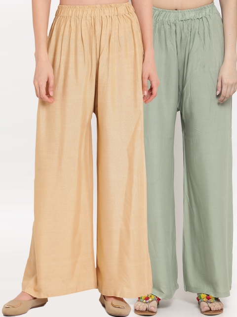 

TAG 7 Women Pack Of 2 Solid Flared Palazzos, Olive